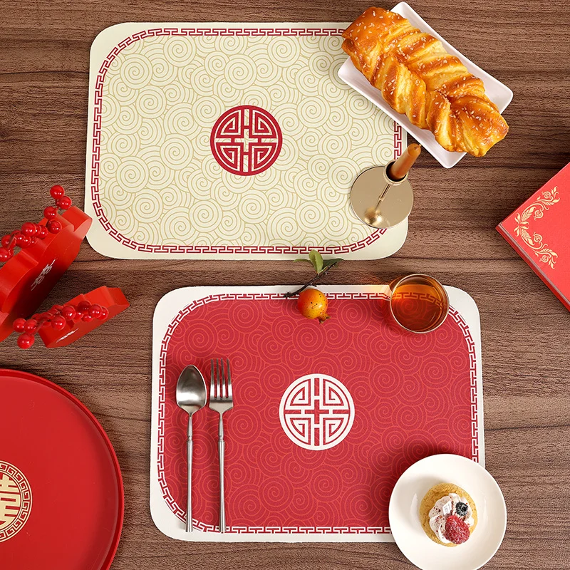 30x40cm Chinese style red printed place mats square heat-insulating pads pu leather bowl coaster table mat