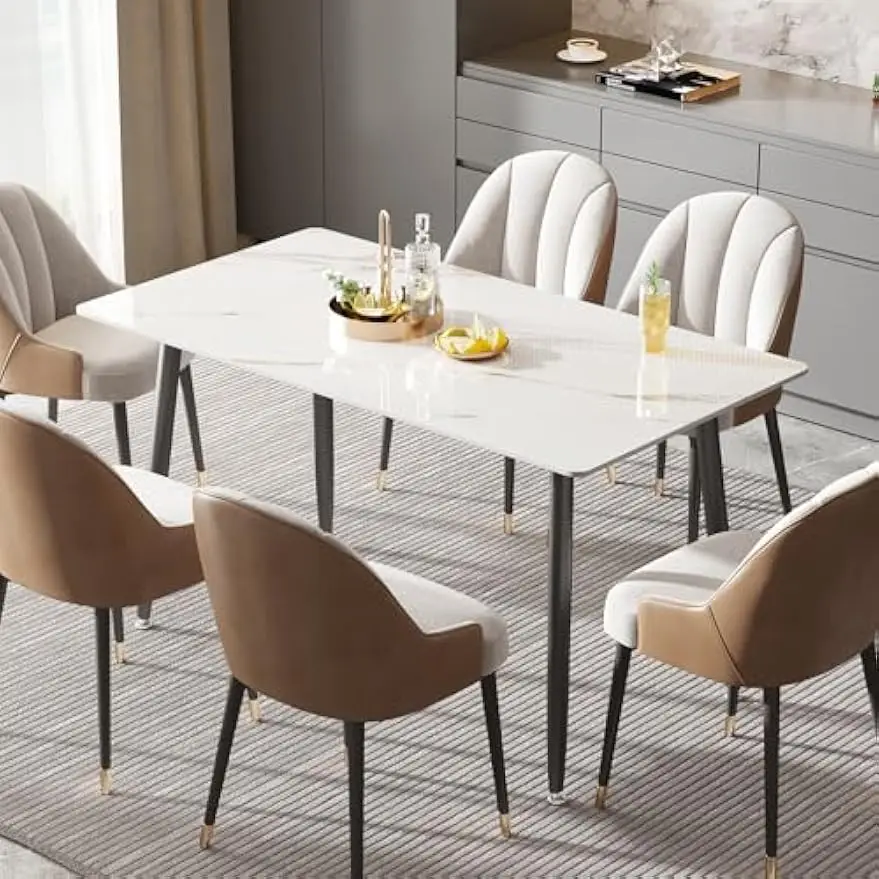 Dining Table with Marble Sintered Stone Table Top and Metal Legs, White 55