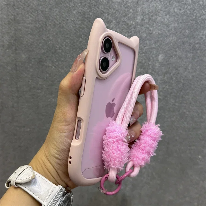 Cartoon 3D Cat Ear Lanyard Case For iPhone 17 Pro Max 12 13 14 15 16 Pro Max Plus 13 Mini 11 Wristband Clear Soft Border Cover