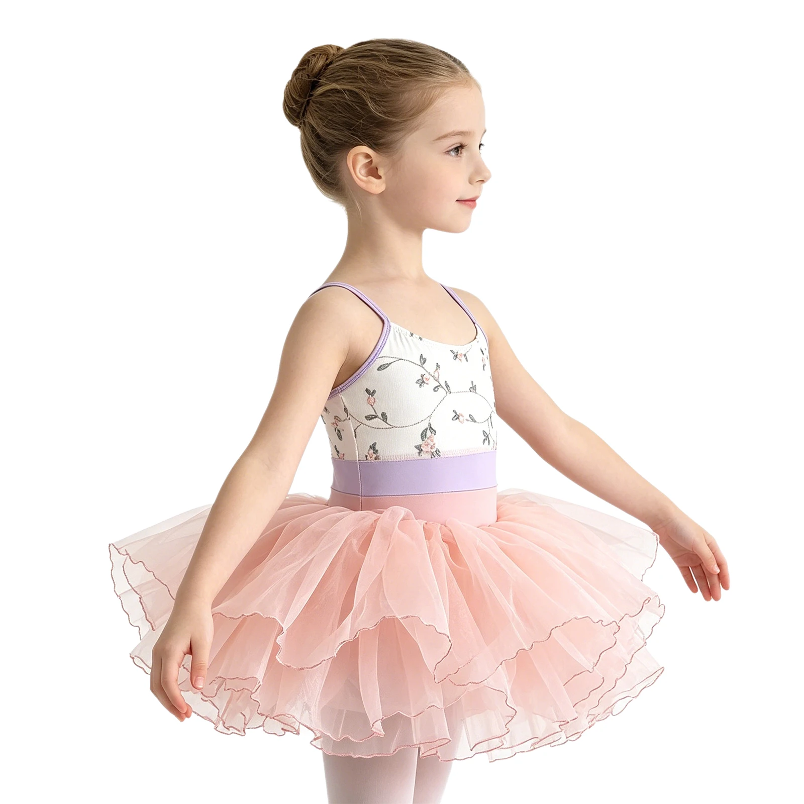 Kids Floral Spaghetti Straps Skating Leotard with Layered Skirt Practice Stage Performance Clothes Girls Ballerina Dance Outfit