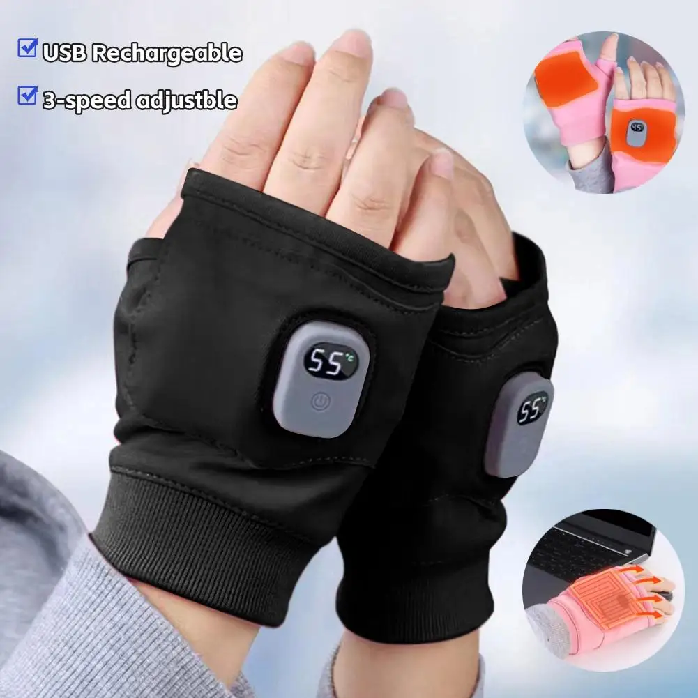 USB Rechargeable Electric Heated Gloves 3-speed Adjustble Thermal Heated Gloves Winter Windproof Warm Fingerless Gloves