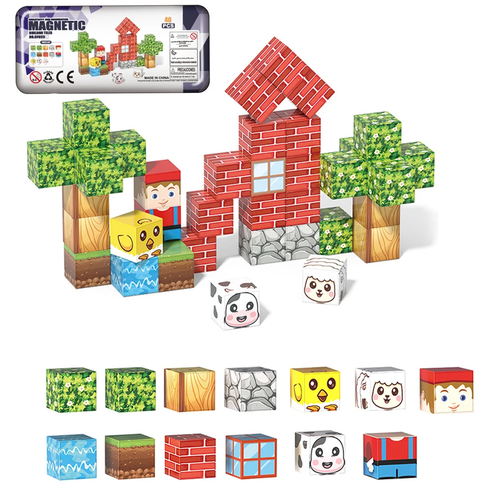 Blocs magnétiques 40 pièces Cube de Construction magnétique avec boîte de rangement en fer Construction Portable voyage jouets d'apprentissage cadeau d'anniversaire