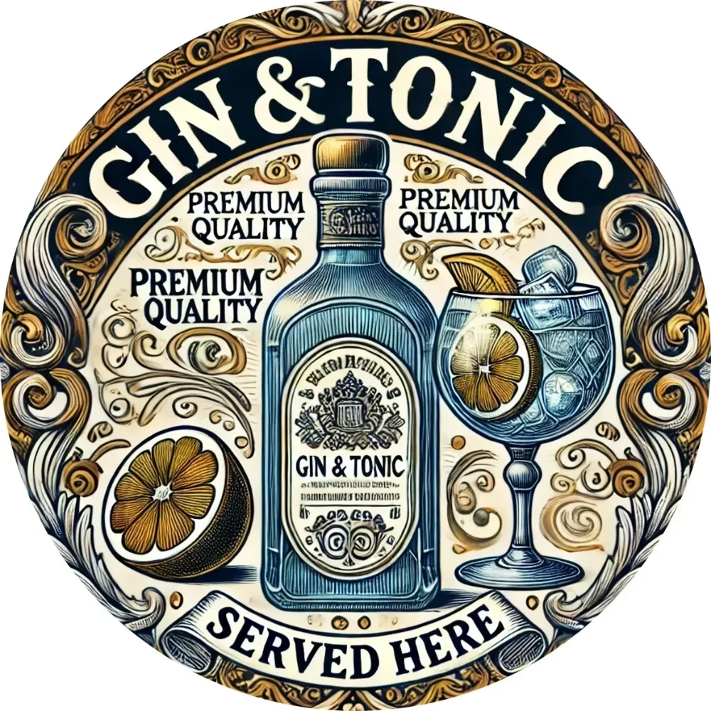 جين فينتاج برو ™   لوحة صفائح حديد عتيقة - علامة دائرية من الألومنيوم "GIN Tonic خدم هنا"، ديكور منزلي ريفي متين
