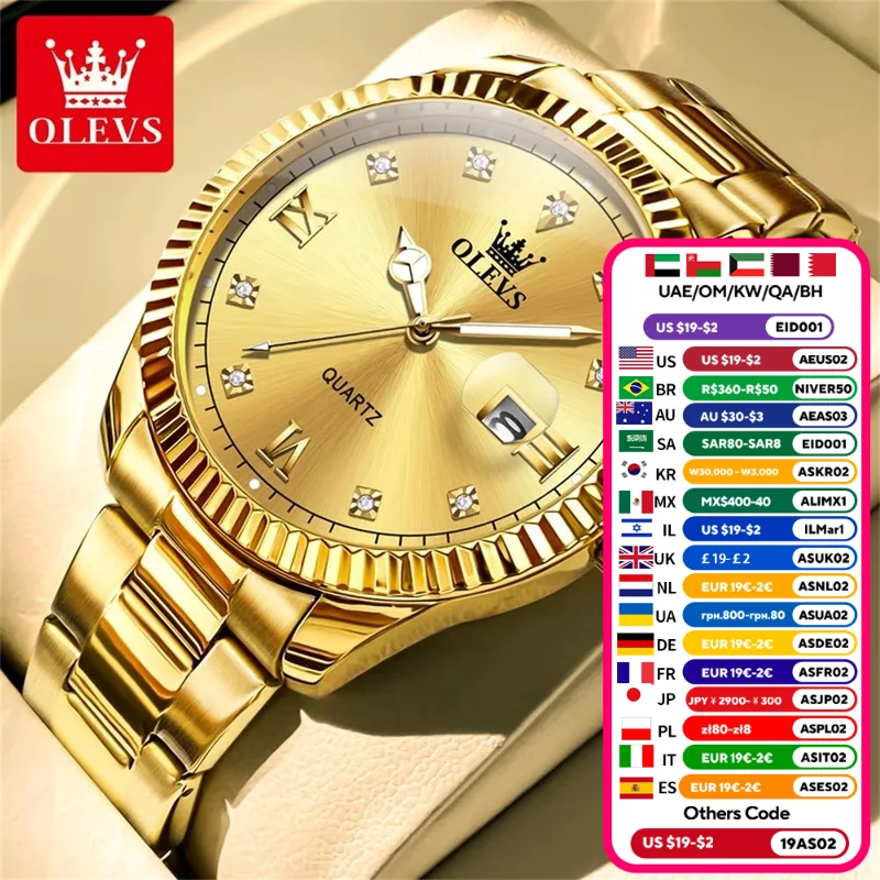 OLVES Gold watch for men Stainless Steel Waterpoof Luminous Luxury Business men watch Quartz Wrist Watch for Men