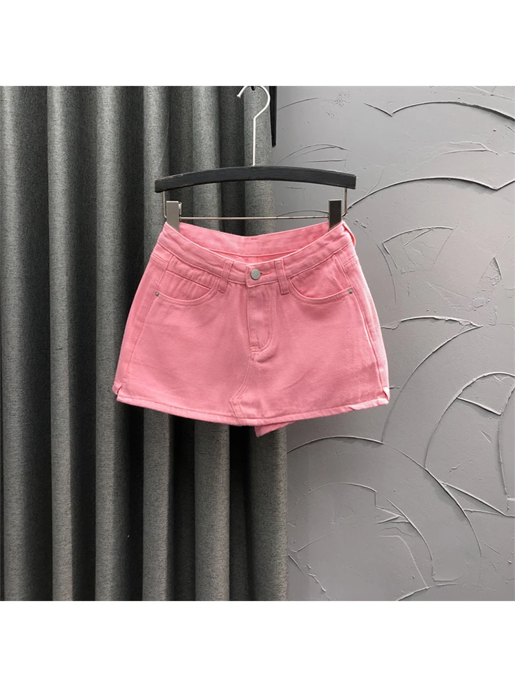 Women's Pink Mini Denim Shorts Skirt Fashion Streetwear High Waist Shorts Jeans Y2k Korean Harajuku 2000s 90s Aesthetic Clothes