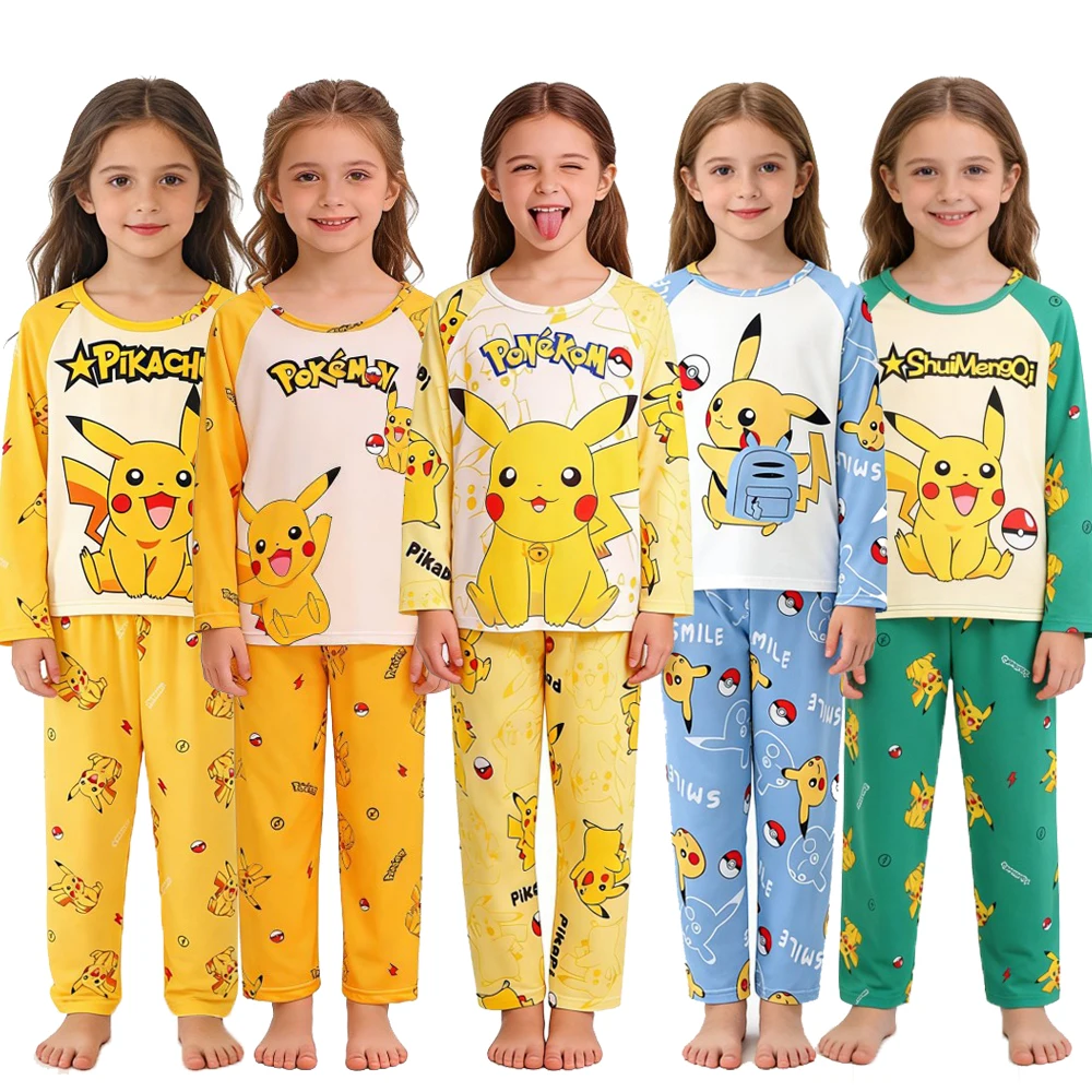 

Детский пижамный комплект с изображением Пикачу, одежда для сна с длинными рукавами, пижамы с милым мультяшным принтом для мальчиков и девочек, мягкая удобная ночная одежда