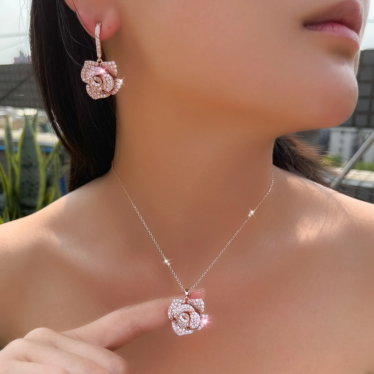 CWWZircons Geometric Flower Design Cubic Zircon Fashion Brand Women Rose Gold Color Earrings Necklace Pendant Jewelry Sets T0015