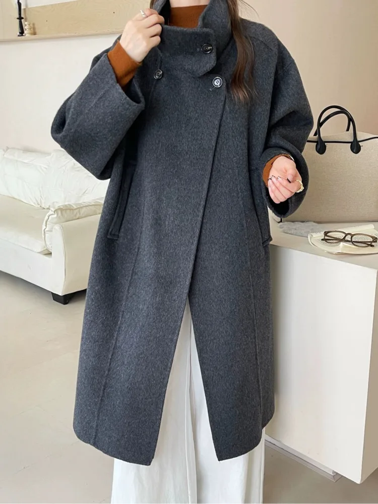 ZMEENNA Damen-Wintermantel, elegant, Wollmischung, schick, Stehkragen, übergroß, lange Jacke, warme Oberbekleidung, beige Strickjacke ZM3741