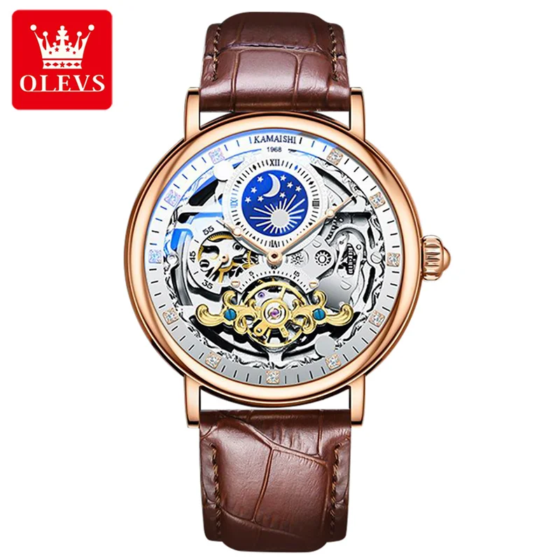 นาฬิกาข้อมือผู้ชาย OLEVS สำหรับผู้ชายนาฬิกาโครงกระดูกจักรกล Tourbillon ผู้ชายสายหนังกันน้ำแบรนด์ชั้นนำหรูหรา reloj hombre