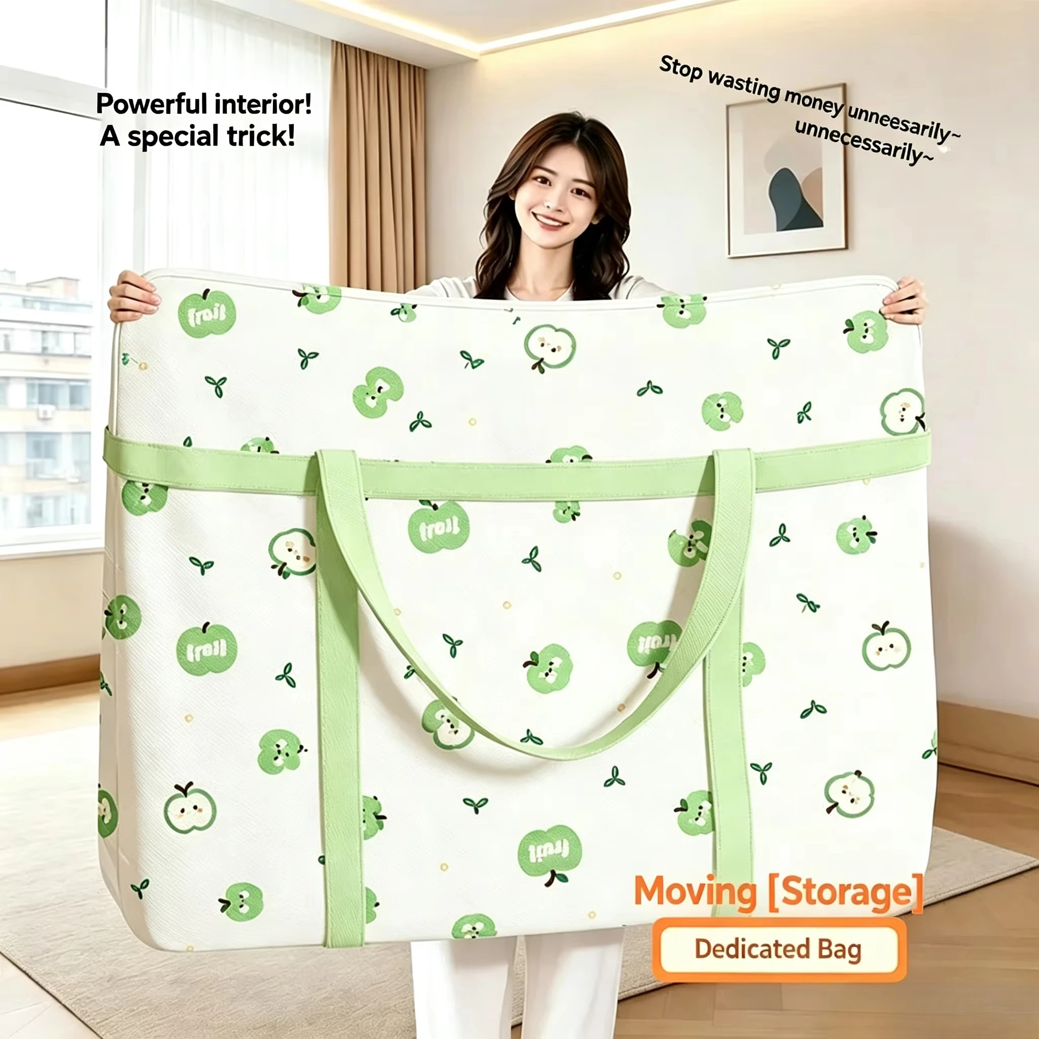 Cute Green Apple Print Moving Storage Bag, Large Capacity Zipper Clothes Quilt Organizer, Reinforced Handles Portable Tote Bag