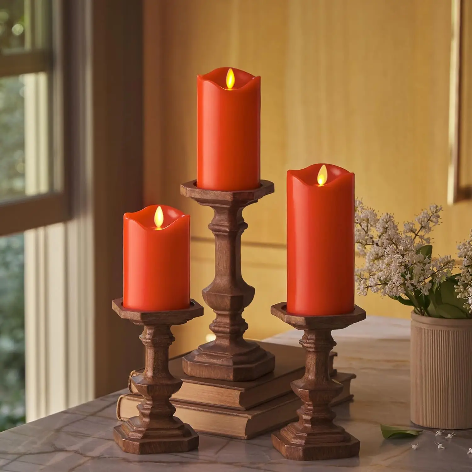 

Set of 3 Flameless LED Flickering Candles with Moving Flame, Real Wax Finish in Bright Red (4.5", 5.5", 6.5" Heights)