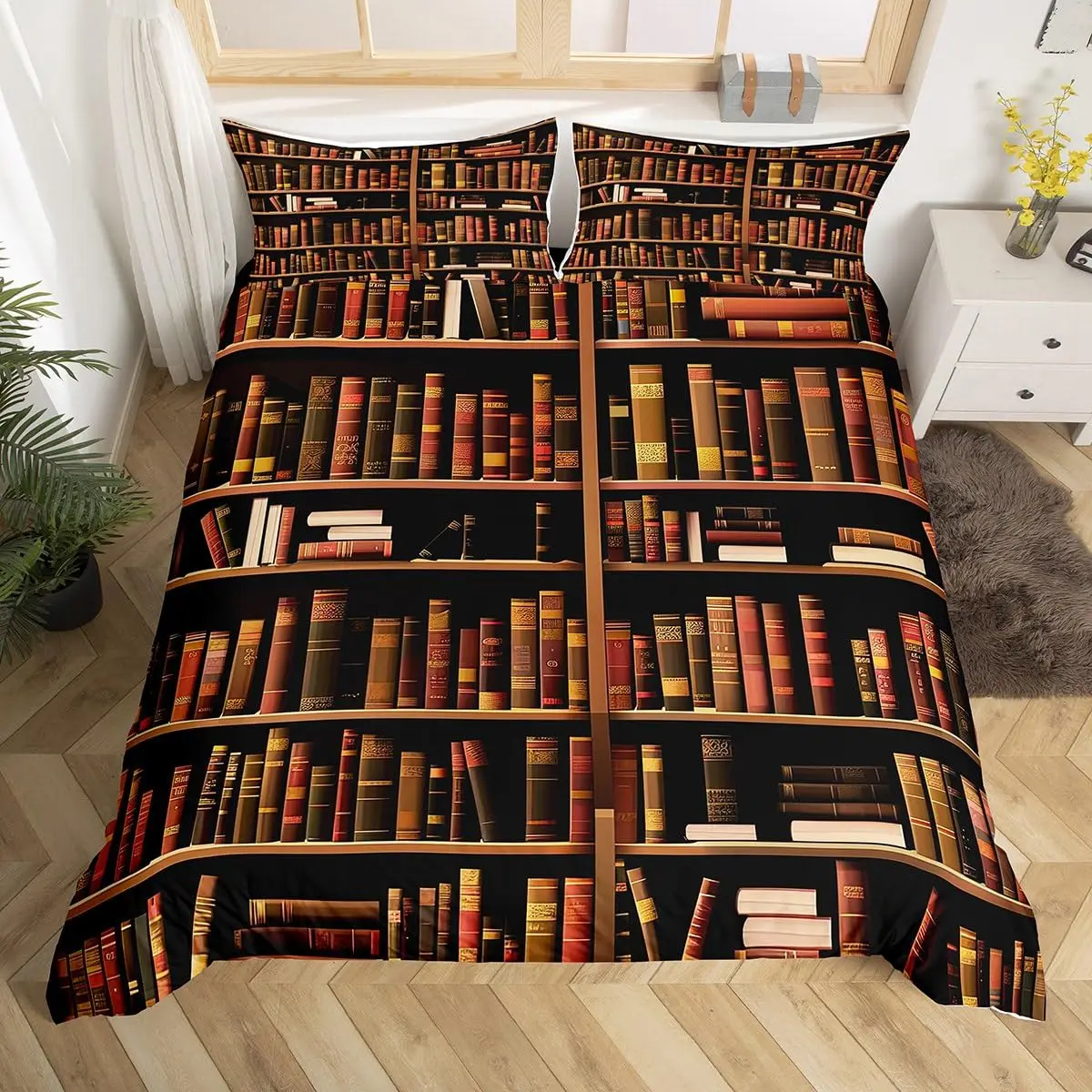Library Bedding Set Old Books Duvet Cover for Children Teens Retro Wooden Bookshelf Comforter Cover Vintage Museum Bedspread