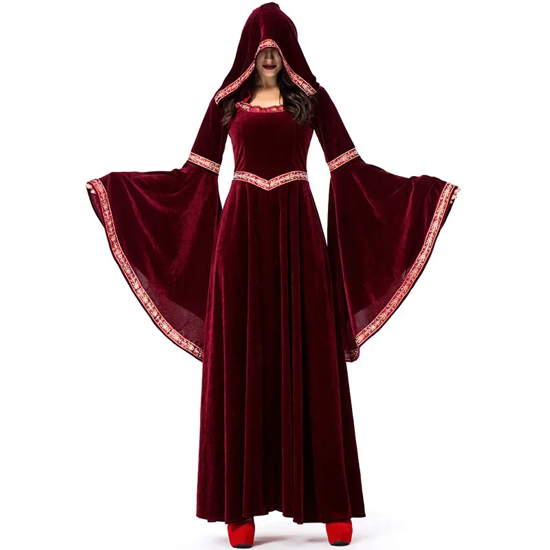 Mittelalter liche Zauberin Kostüm heid nische Hexe Kostüme Gothic Samt Kapuze Kleid Halloween Purim Party Cosplay