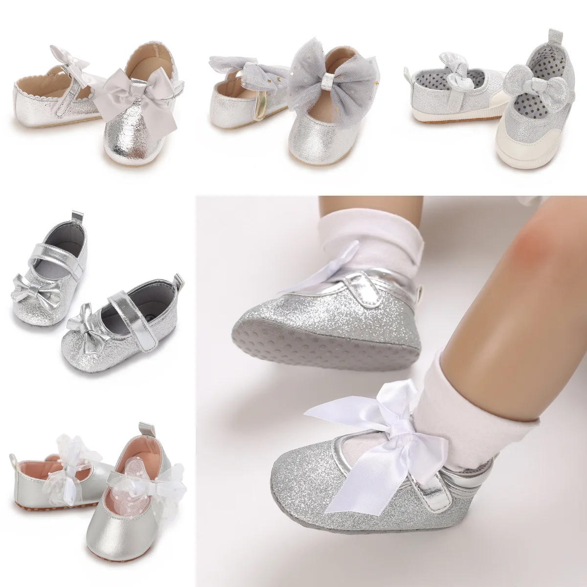 

0-1 Year Baby Summer Sandal Mary Jane Style Cute Bow Silver soft soled non slip shoes