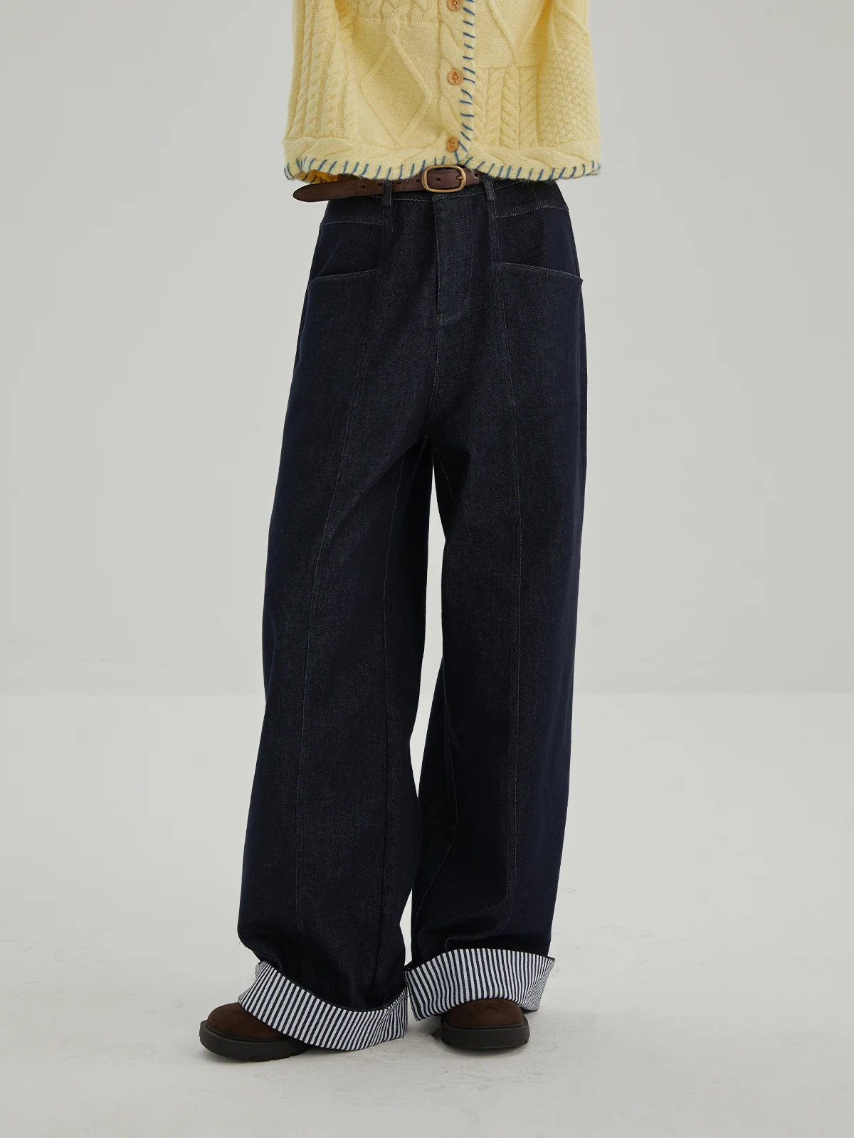 

LBAO, прямые брюки с высокой талией, свободный крой, повседневные джинсовые длинные брюки в полоску в стиле пэчворк, женские зимние эластичные брюки из хлопка