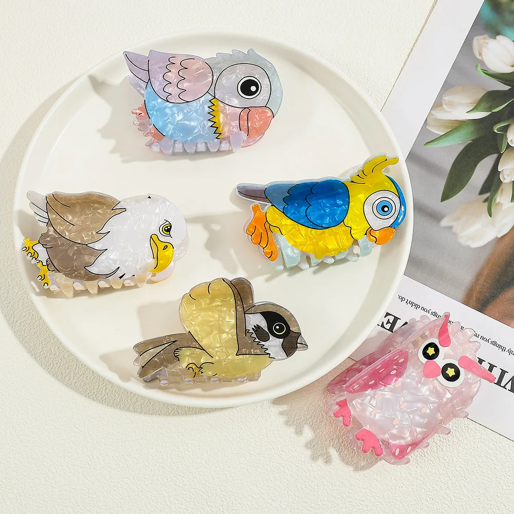 Cute Cartoon Bird Acrylic Hair Claw Clip Kawaii Parrot Owl Eagle Shark Clip Women Fashion Hair Accessories