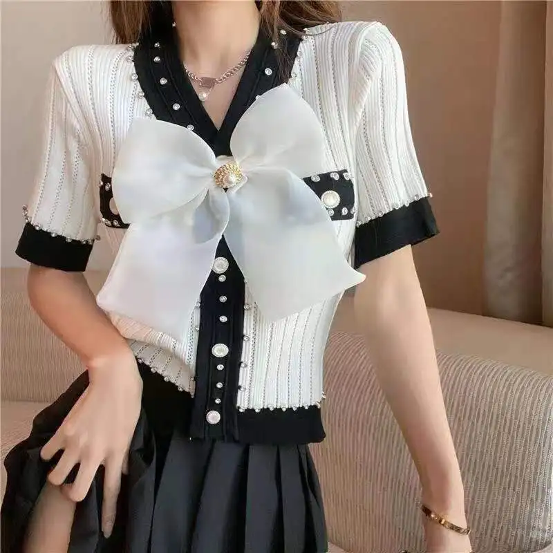 

Summer New V Neck Bow Patchwork Knitting T Shirt Tops Short Sleeve Solid Slim Korean Cardigan Fashion Y2K Vintage Women Clothing