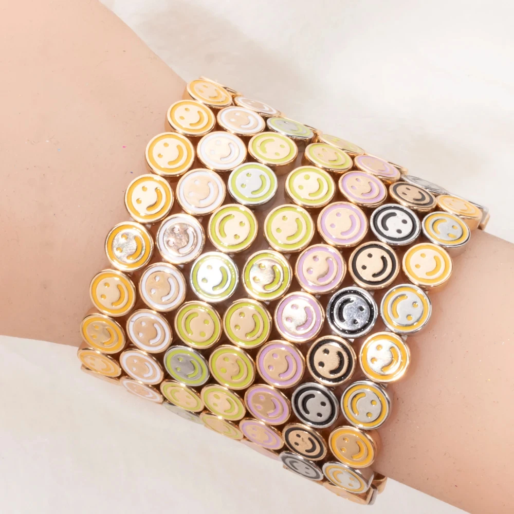 2024 10mm Round Shape Happy Emotional Bangle For Women Gold Color Beaded Elastic Bracelets