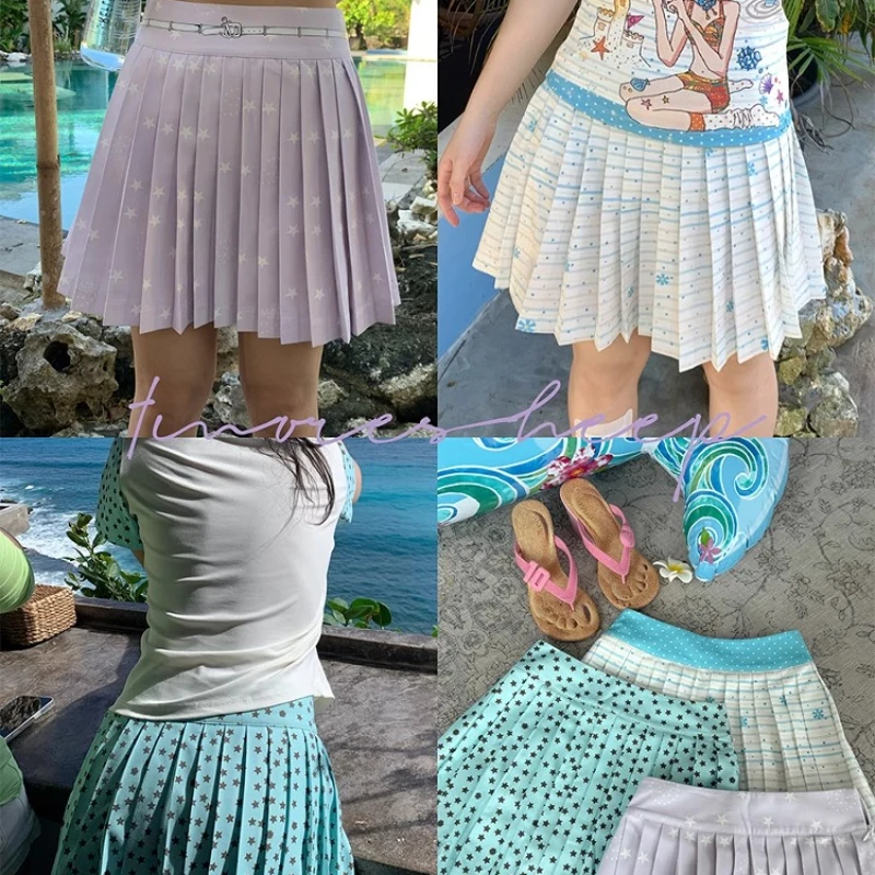 Japanese Summer Women's Clothing Original Design Blue Striped Skirt Thin Versatile Age-reducing Colorful Pleated Skirts Female
