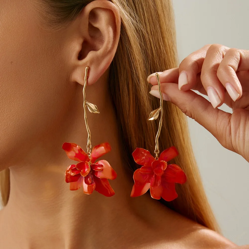 New Exaggerated Fashion Liquid Metal Red Drop Glaze Stereo Flowers Dangle Earrings for Women Korean Designer Jewelry Accessories