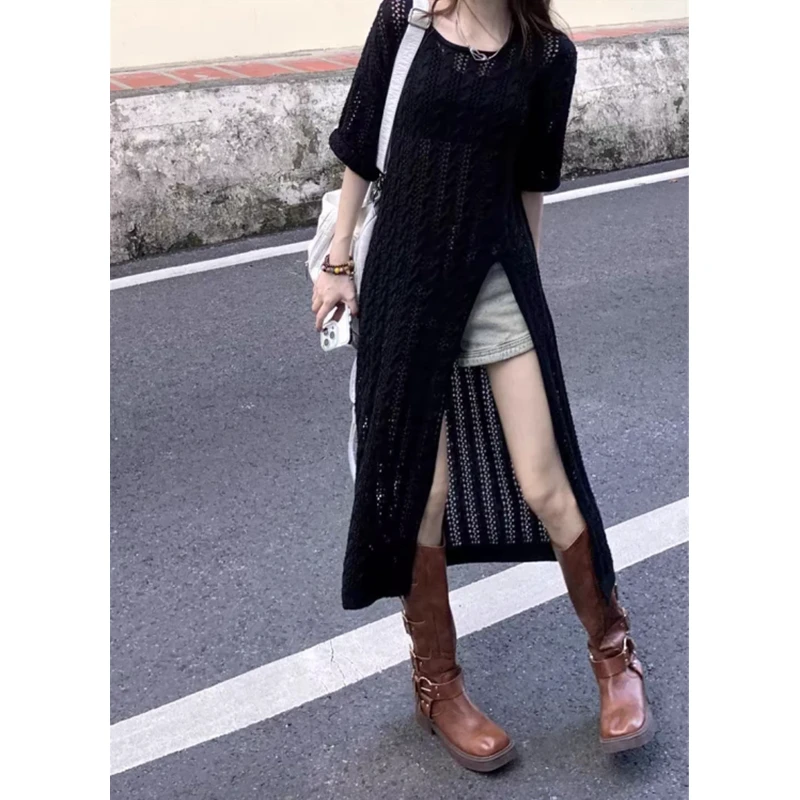 Sheer Knitted Dress Women Summer Hollow Out Slim Slit Beach Long Dress