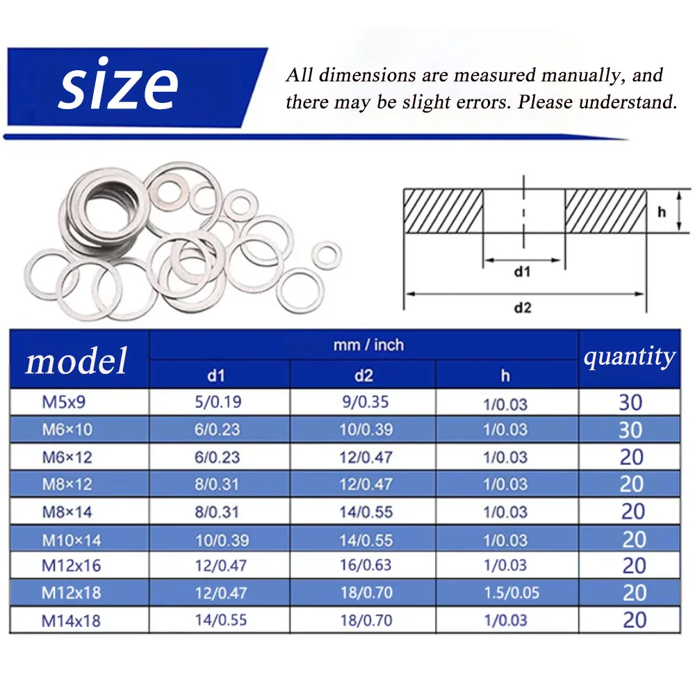 200/400/600pcs Oil Drain Plug Gasket White Aluminum Alloy Washer Crush Washers Kit, Including 9 Sizes - M5 M6 M8 M10 M12 M14