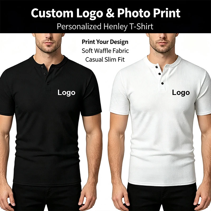 Customized  Printed Waffle Knit Henley Collar Polo Shirt Men Fashion Personality Breathable Three Buttons Front Closure T-shirts
