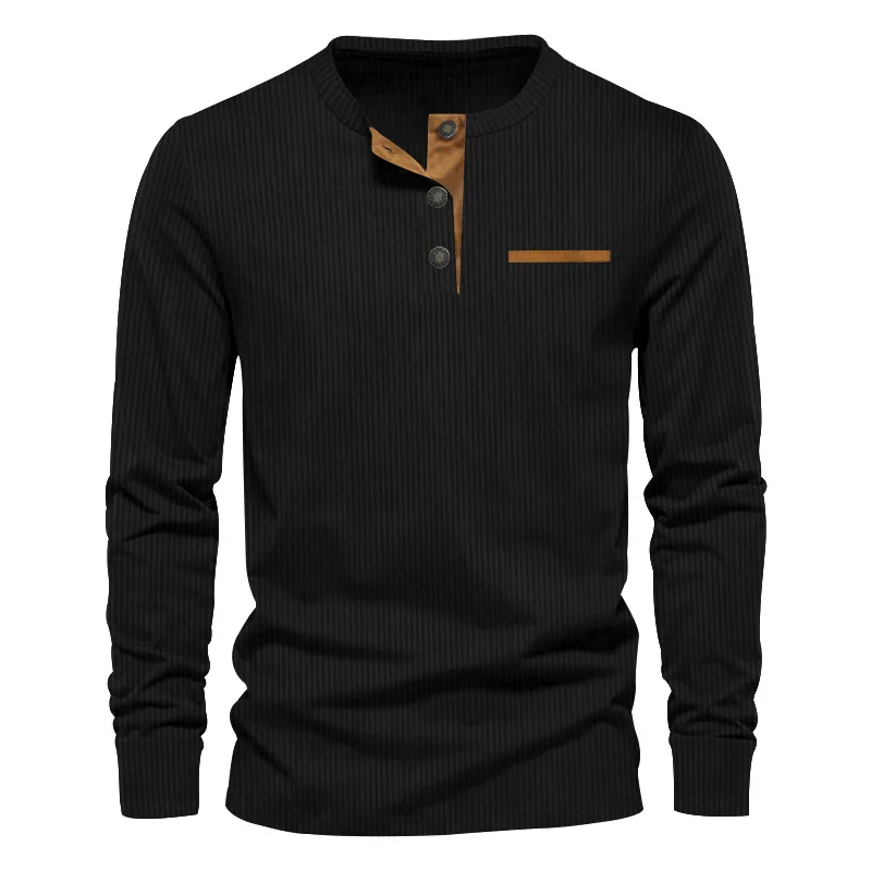 New Men\'s Long Sleeve T-shirt Spring And Autumn Comfortable Corduroy Fake Pocket Daily Casual Henry Shirt Fashion Men\'s Clothing