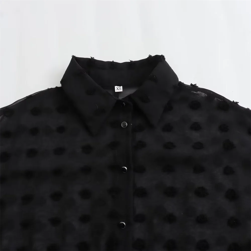 PB&ZA 2024 Spring New Women\'s Fashion and Elegance Casual Versatile Raised Polka Dot Semi Transparent Shirt