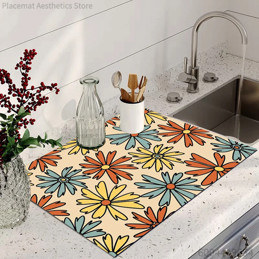 Retro Boho Daisy Floral Print Super Absorbent Drying Mat Waterproof Kitchen Counter Coffee Drain Pad Decor Table Placemat