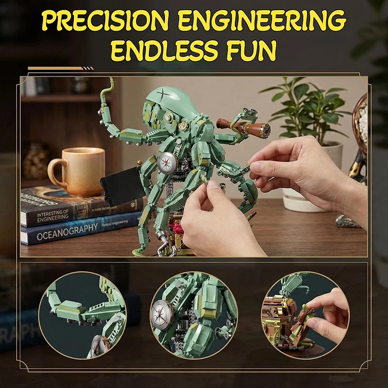 1128PCS Pirate Squid Building Blocks Set Adjustable Tentacles Mechanical Pirate Octopus Model with Treasure Chest DIY Puzzle Toy