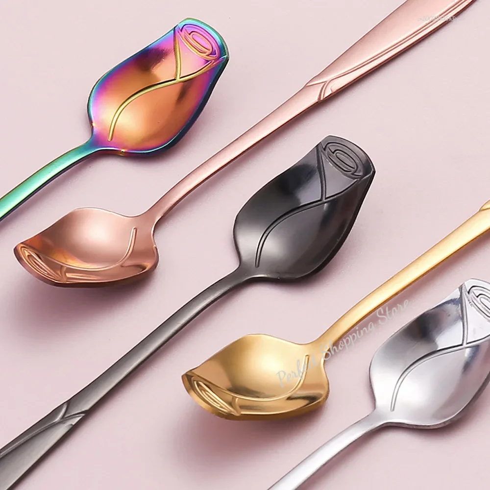 Long Handle Teaspoon Stainless Steel Rose Mixing Spoon Unusual Teaspoons for Dessert Honey Salad Tea Coffee Spoons New Year Gift