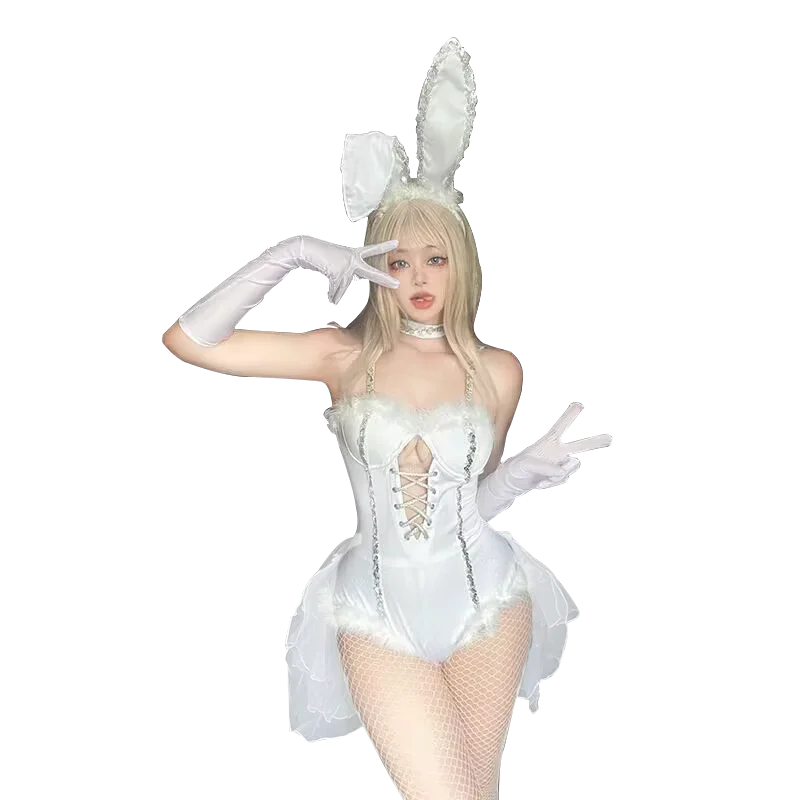 Anime Maid Cosplay Costume Women Sexy White Bodysuit Headwear Gloves Suit Bunny Girl Cute Uniform Halloween Party Easter Costume