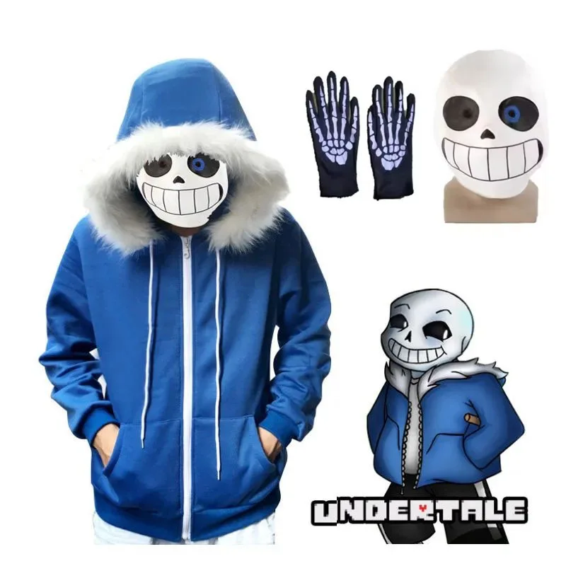 

Game Undertale Sans Skeletons Cosplay Blue Hoodies Mask Bones Cos Blue Coat Halloween Cosplay Costume Unisex Skeleton gloves