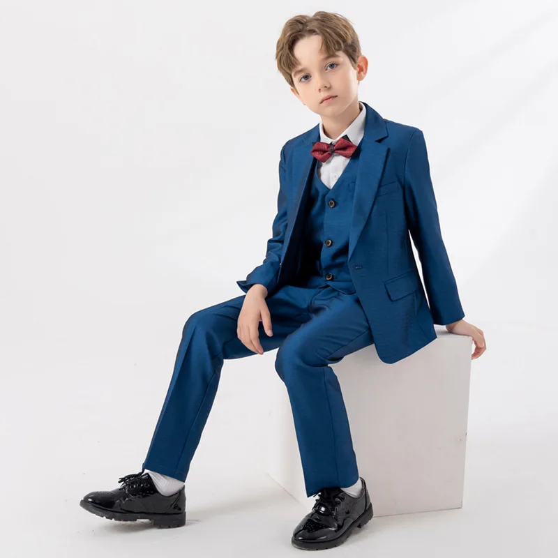 Children Blue Gary Jacket Vest Pants Bowtie 4PCS Piano Party Dress Kids Ceremony Photograph Suit Flower Boys Performance Costume