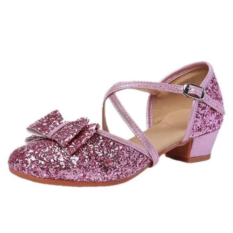 Zapatos de princesa con lentejuelas y tacón alto para niña, calzado de baile para estudiante, con fondo de piel, zapatos individuales de 4CM, talla
