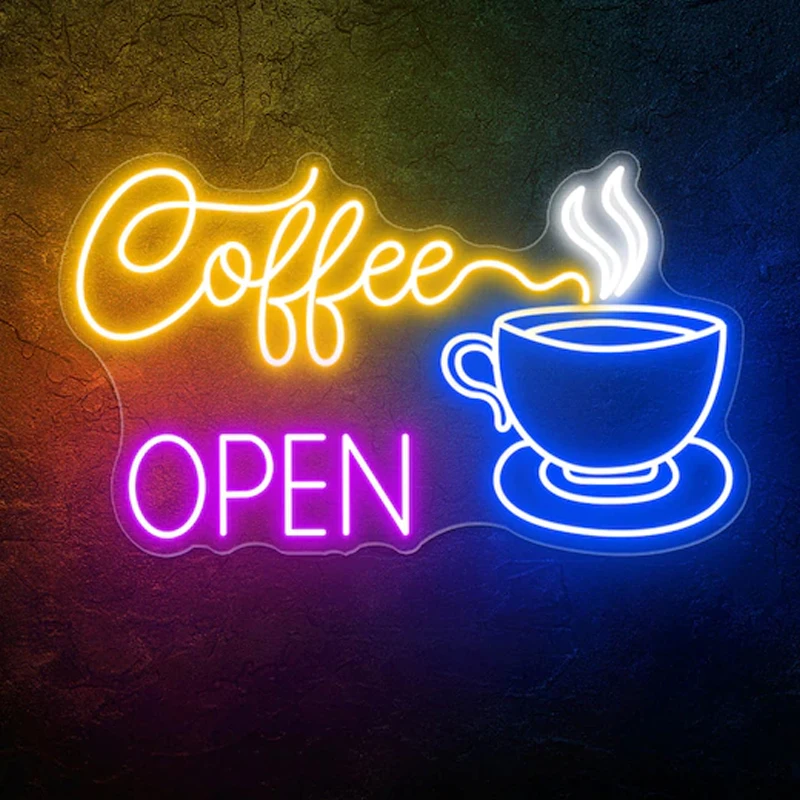 PROpen Coffee Neon Sign Lights, Décoration d'intérieur et d'extérieur décontractée, Décoration lumineuse pour café