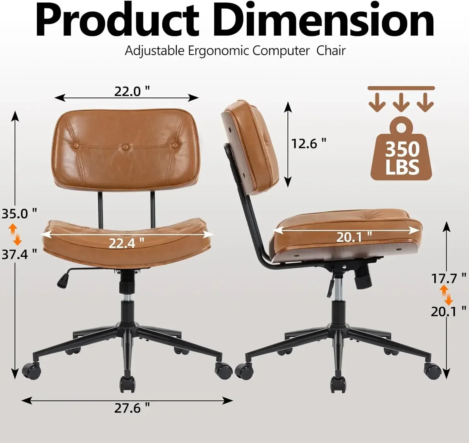 Brown Armless Modern Office Desk Chair PU Leather Adjustable Height Swivel Rolling Task Chair Ergonomic Criss Cross Legged Compu