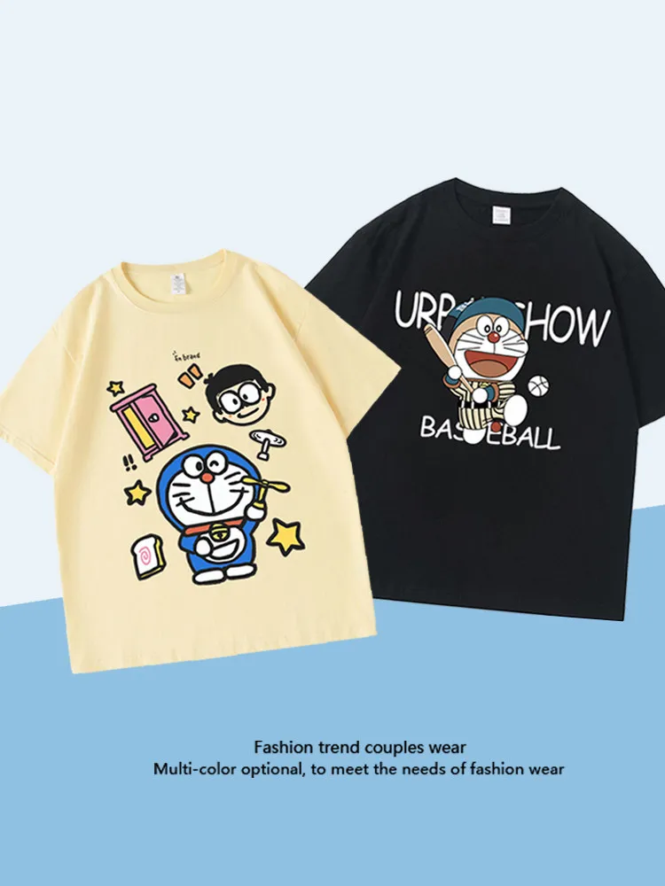 Doraemon-themed Short-sleeved Summer Pure Cotton Loose-fitting Versatile Top with Trendy Cartoon Dingding Cat Print