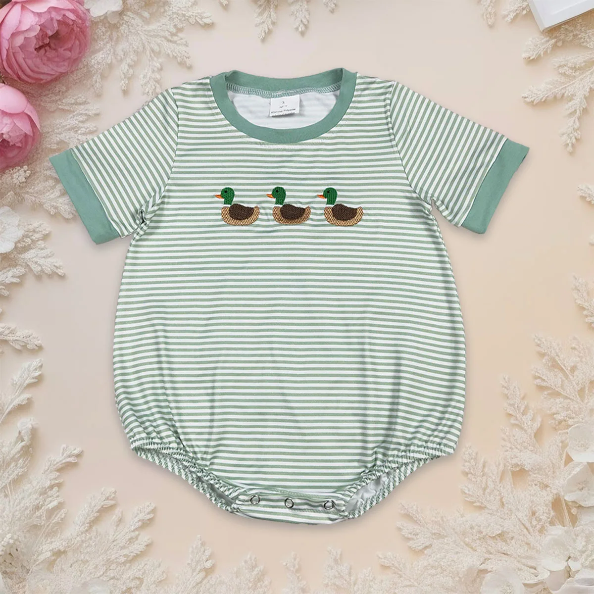 Newborn Baby Boy Short Sleeve Bubbles Kids Embroidery Ducks Hunting Stripe Toddler Buttons Romper Jumpsuit Onesies Wholesale