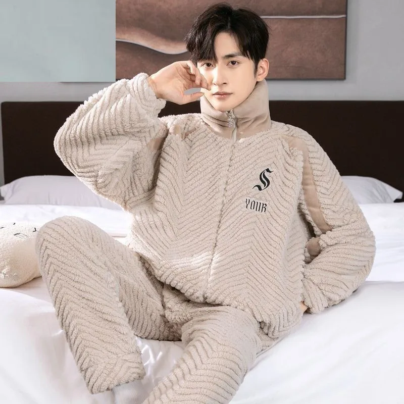 Coral Fleece Pajamas Male Intensification Fleecing Autumn Winter Young and Middle-aged Large Size Warm Flannel Loungewear Set