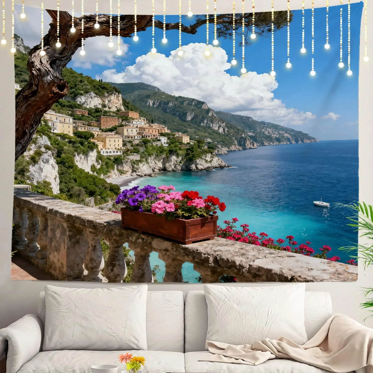 Mediterranean Coastal Landscape Tapestry Wall Hanging Decor Italian Villa Summer Ocean View Tapestry Curtain Gift for Bedroom Li