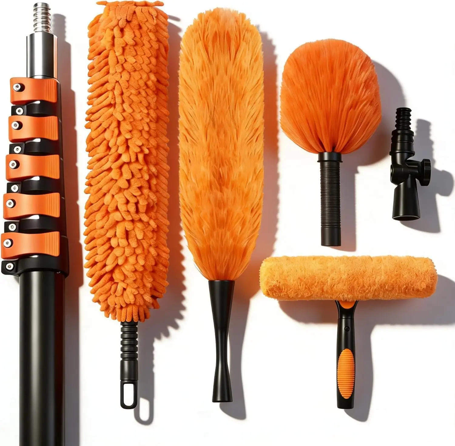 

30FT High Reach Duster Kit with Dual Lock, Extension Pole, Cobweb Cleaner & Window Squeegee for Glass and Roof