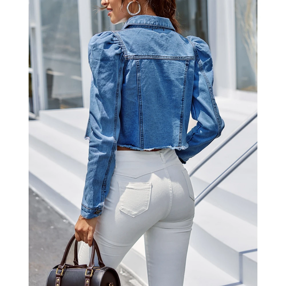 Autumn Women Pocket Design Buttoned Denim Coat Fashion Femme Puff Sleeve Turn-down Collar Jackets Elegant Casual Femme Outfits