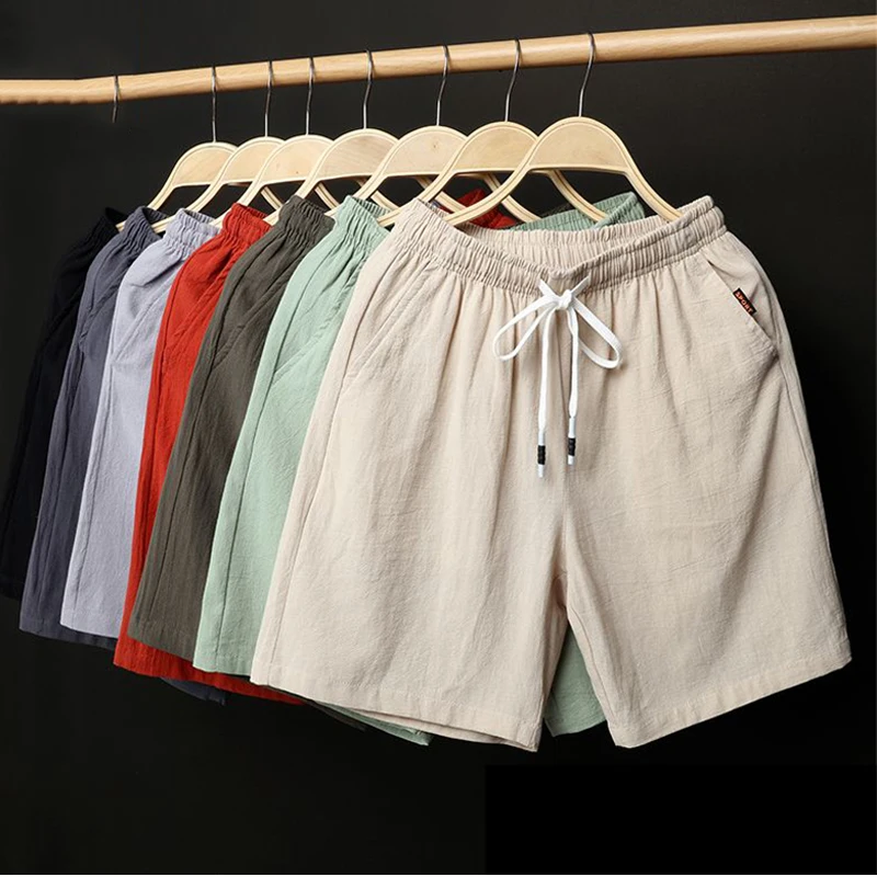 

Летние шорты из 100% хлопка, мужские однотонные повседневные шорты, мужские шорты-карго, брендовые пляжные шорты, хлопковые льняные шорты, азиатский размер M-9XL