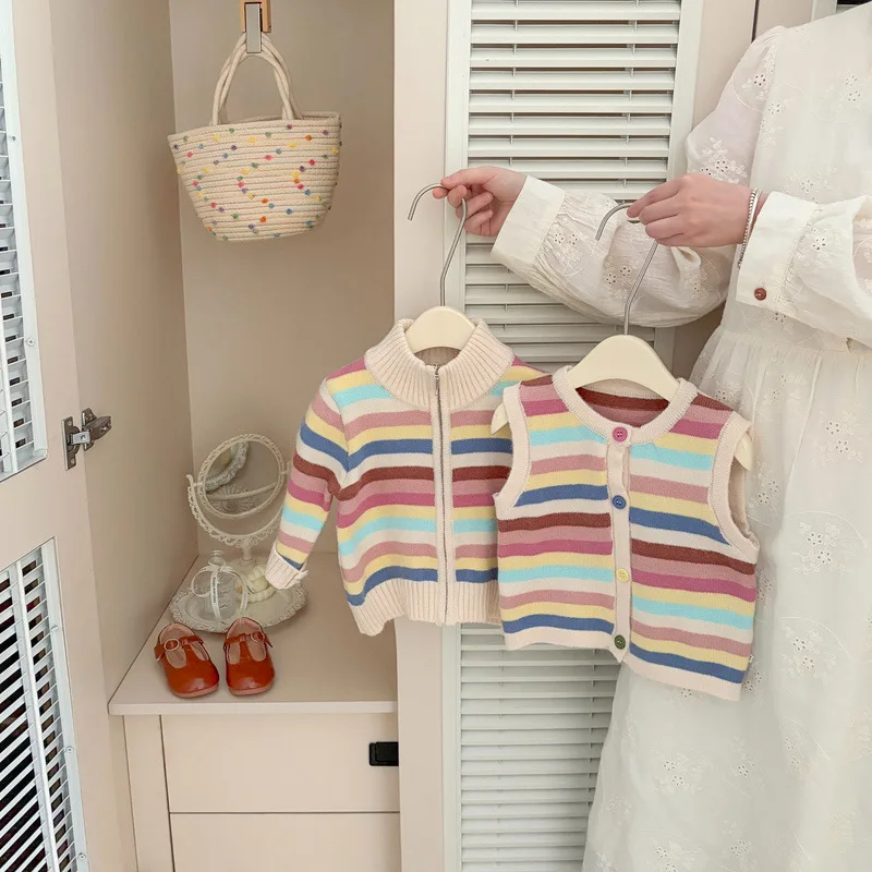 Korean Childrens Wear Infant Fall Vintage Striped Colorful Girls Soft Knit Cardigan Vest Baby Outer Layer