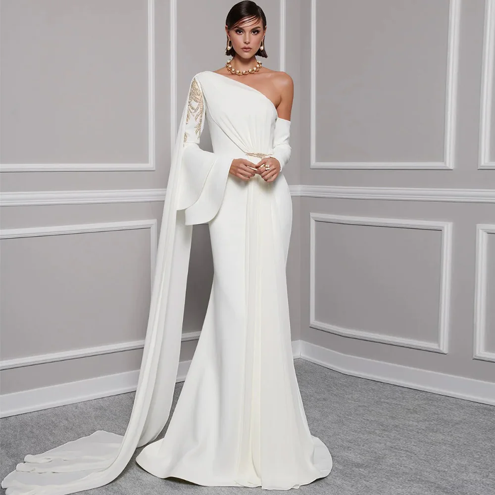 

Customized Elegant Mermaid Jersey Evening Dress Modern One Shoulder Long Sleeves Celebrity Gowns Delicate Beading Robe de soirée