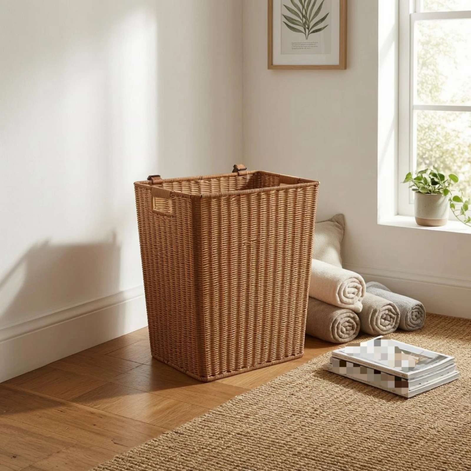 

Plastic Woven Carrying Basket Shoulder Straps Backpack-Style Basket Storage Item Rectangular Side Handle Cutouts