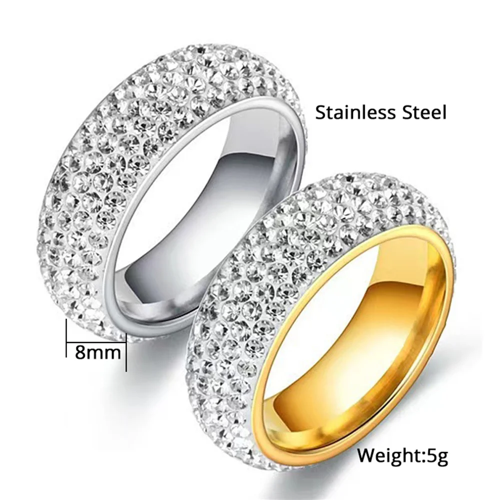 Hip Hop Iced Out Bling 5 Row CZ Ring Gold Silver Color Stainless Steel Wedding Engagement Rings For Women Men Jewelry Gift