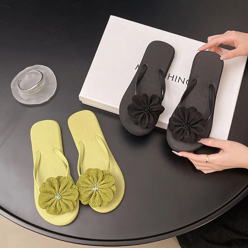 캐주얼 플라워 플립플롭 클립 토 안티 슬립 플랫폼 플립플롭 아우터웨어 슈즈 PVC 플랫 솔 슬리퍼 여름